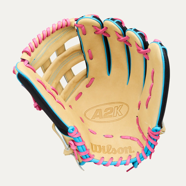 Wilson A2K 1777 LEADOFF 2026 12.75'' - BLONDE-BLACK-SKY BLUE-FLAMINGO