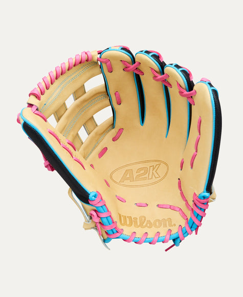 Wilson A2K 1777 LEADOFF 2026 12.75'' - BLONDE-BLACK-SKY BLUE-FLAMINGO