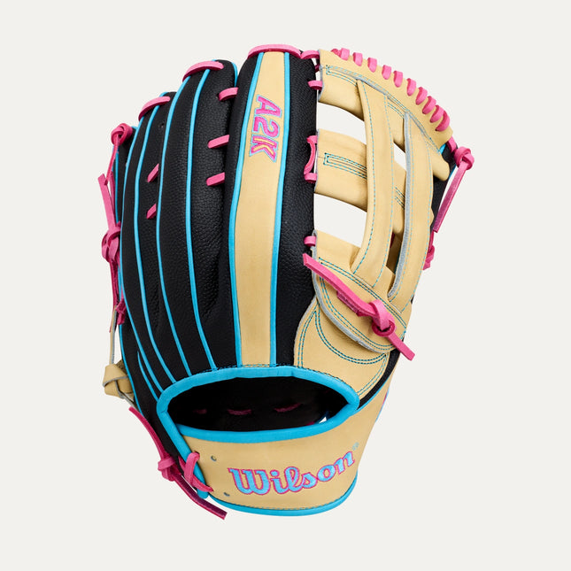 Wilson A2K 1777 LEADOFF 2026 12.75'' - BLONDE-BLACK-SKY BLUE-FLAMINGO